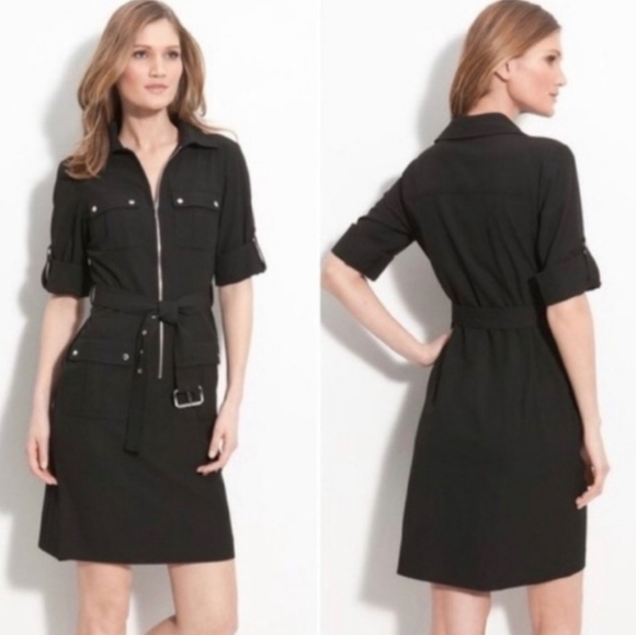 Michael Kors Womens Roll Tab Sleeve Pockets Black‎ Collared Dress Size S Small - Picture 2 of 13
